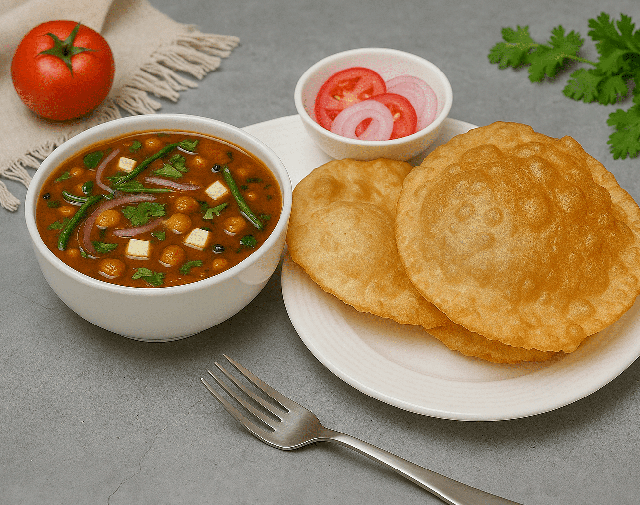 Bowl of chole with two bhature, salad, and a tomato placed beside the plate at Tisya Farms, Gurgaon.