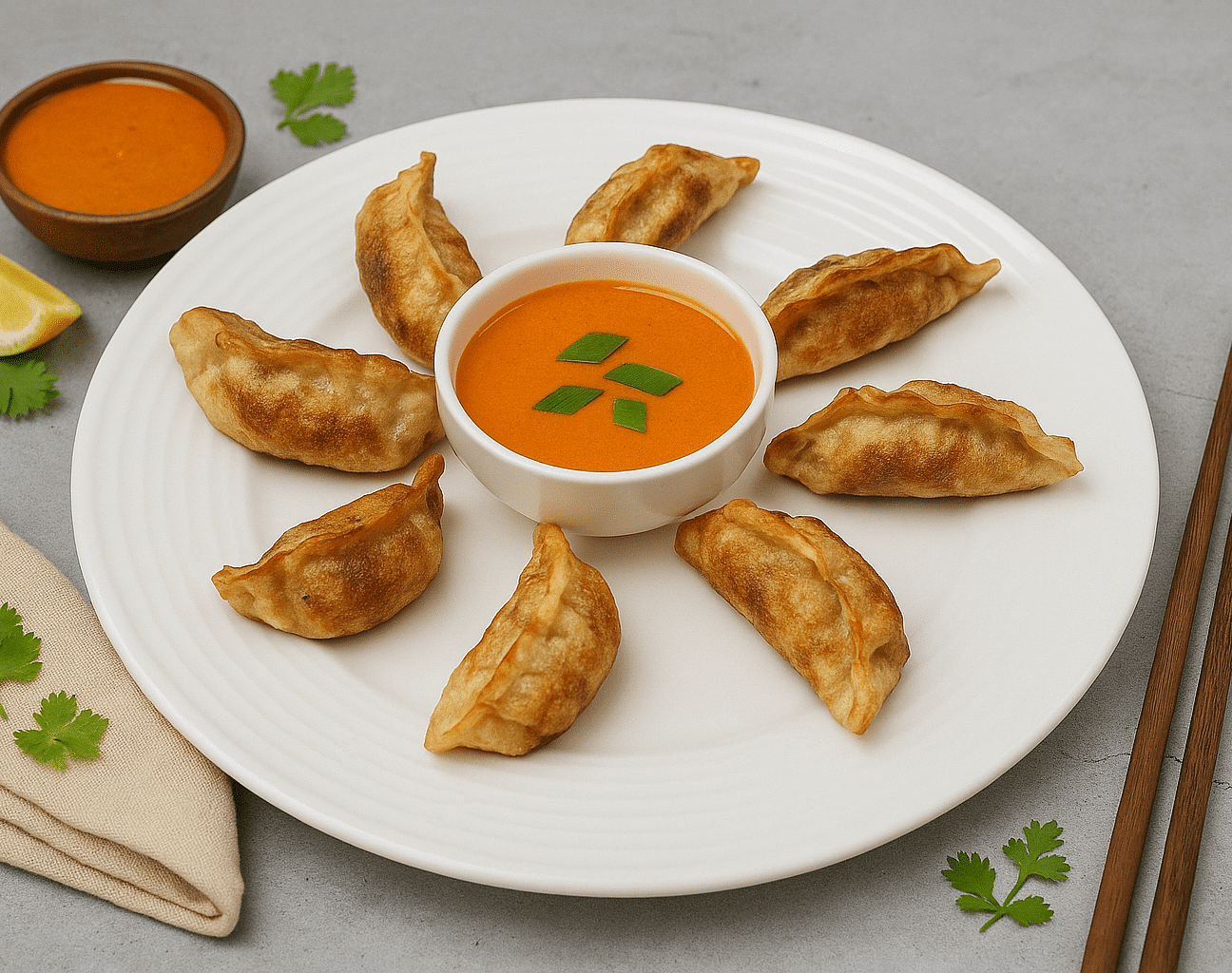 Plate of momos with dipping sauce and garnish, chopsticks placed beside the plate at Tisya Farms, Gurgaon.