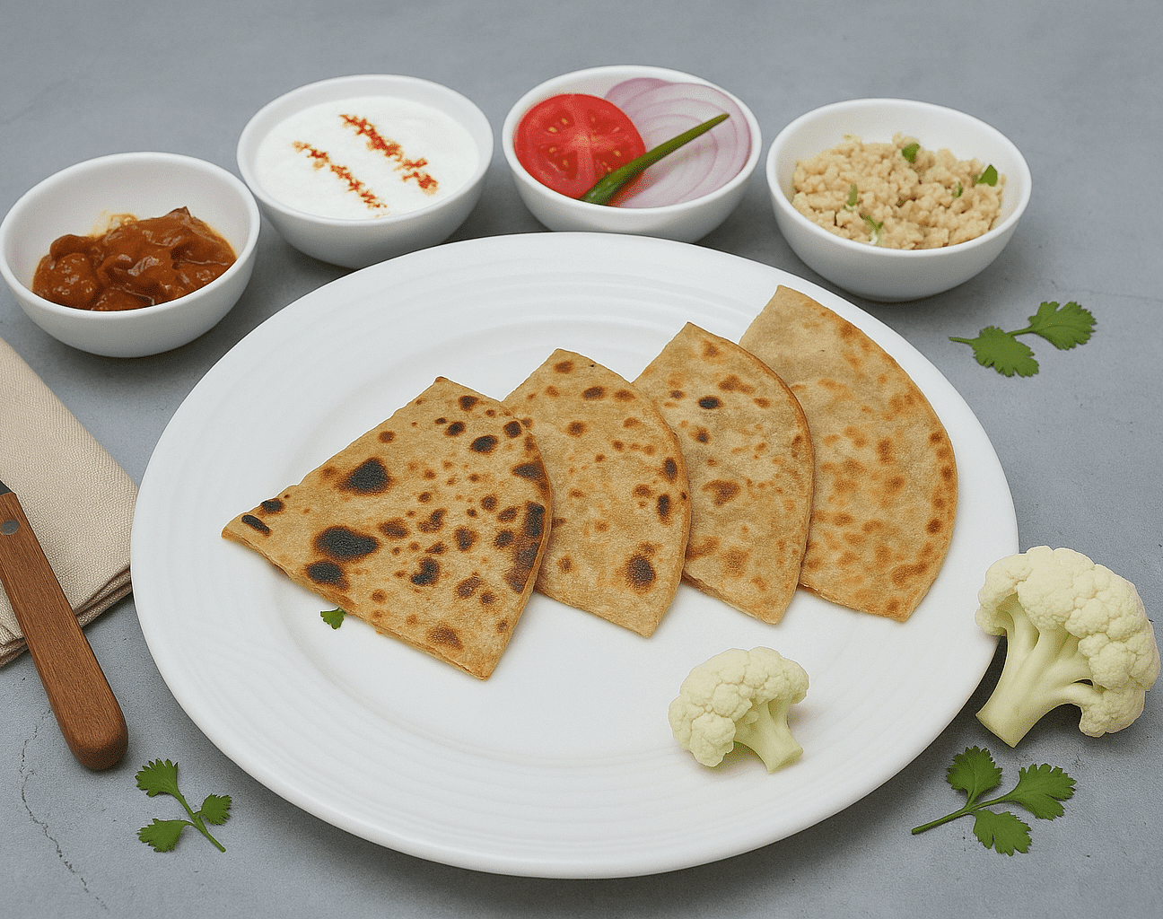 Plate of parathas with butter, curd, pickle, and salad at Tisya Farms, Gurgaon.