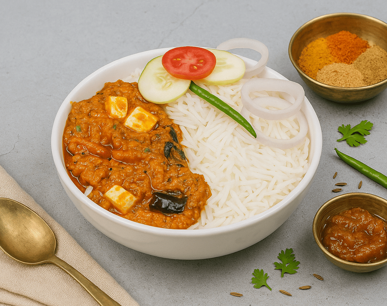 Panner rice bowl served with, curry, pickle, and salad at Tisya Farms, Gurgaon.