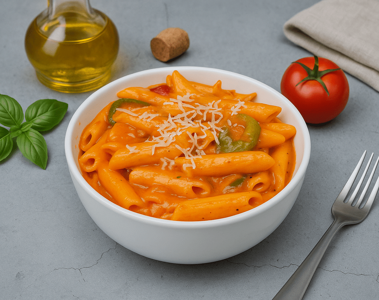 Bowl of penne pasta in red sauce with herbs, surrounded by ingredients at Tisya Farms, Gurgaon.