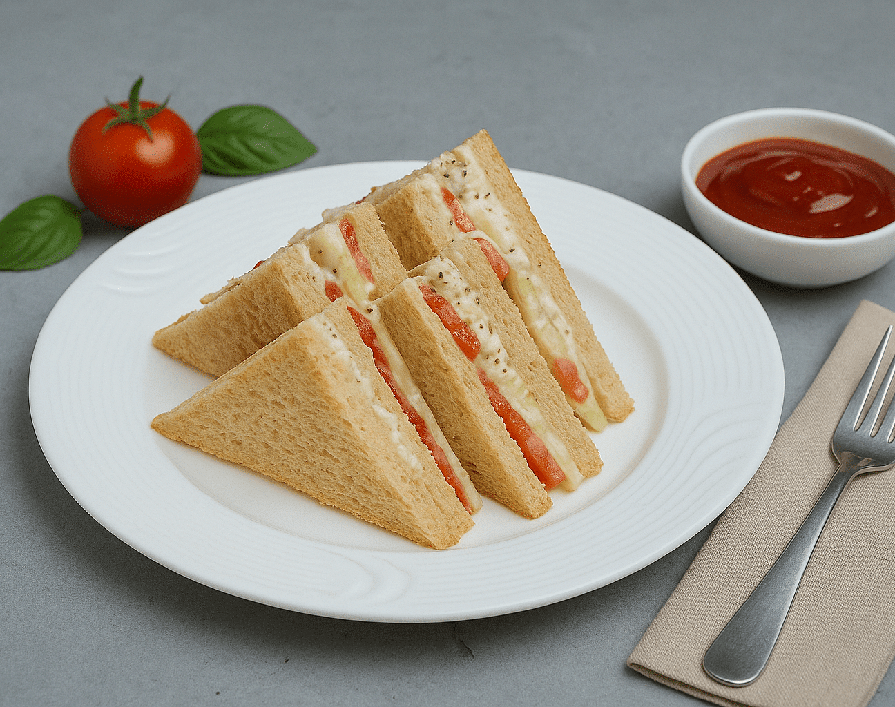 Sandwiches served with tomato ketchup and a whole tomato on the side at Tisya Farms, Gurgaon.