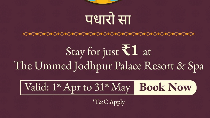 Illustration of a smiling Rajasthani man in traditional attire welcoming guests with folded hands, promoting a limited Jodhpur Palace Resort & Spa offer with  Valid 1st Apr to 30th May and a Book Now button.