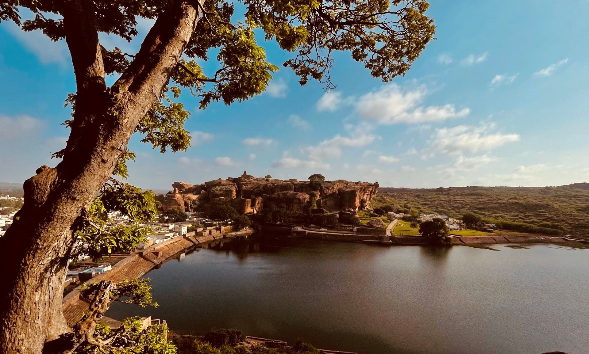 Panoramic view of Badami Cave Temples and Agasthya Lake.