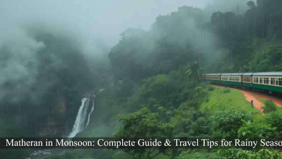 A toy train running on the side of a lush green mountain on a foggy morning.