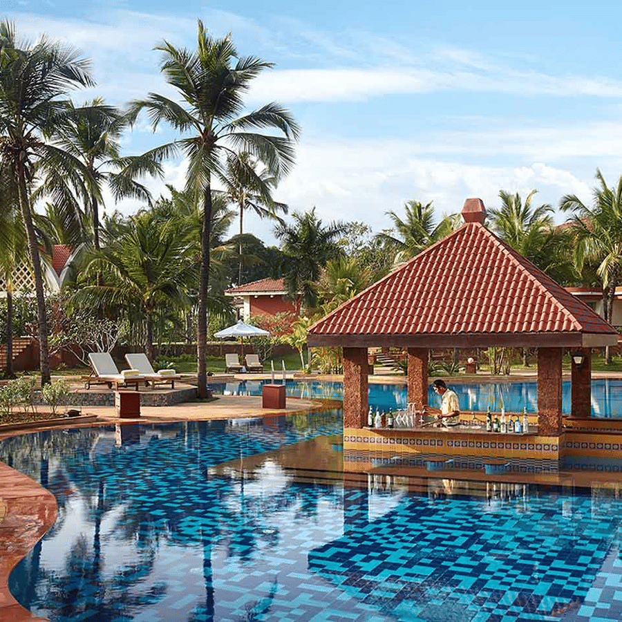view of the swim up bar, the Island Bar at Caravela Beach Resort, Goa