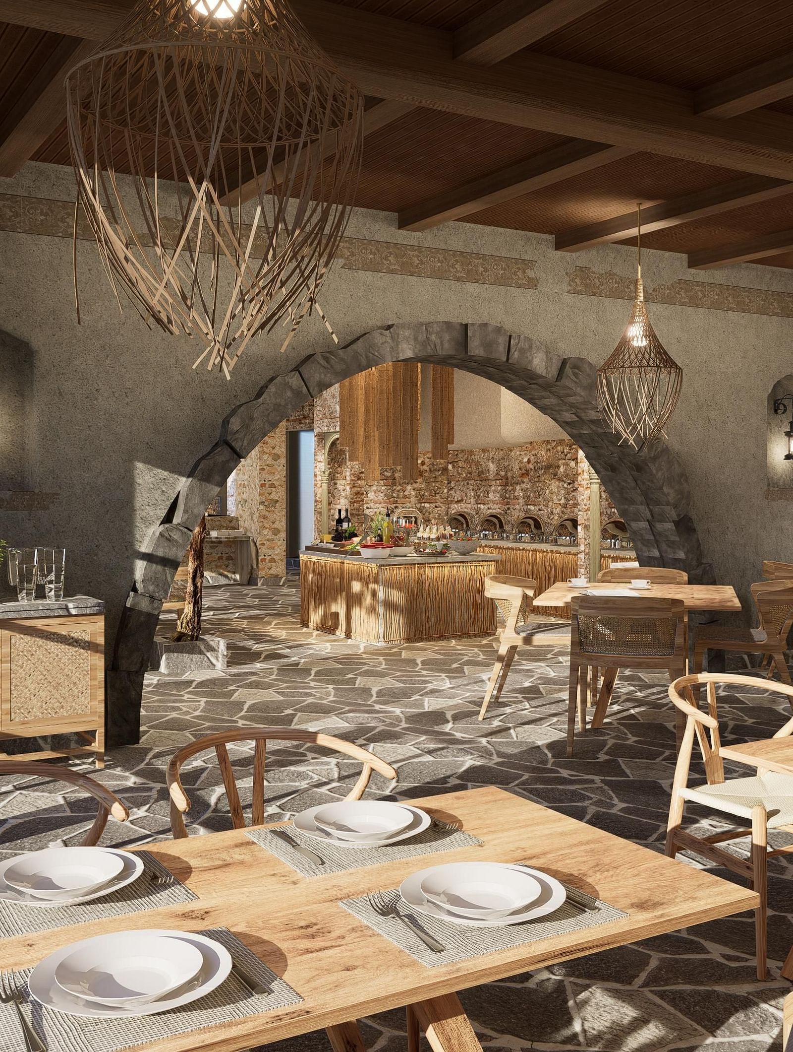 A restaurant with neatly set tables and chairs, featuring woven light decorations hanging at The Evren, Vagator.