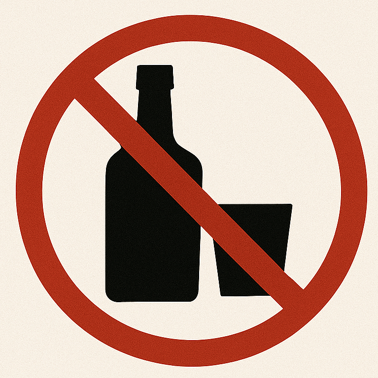 Sign with a crossed-out bottle and glass symbol, and the text 'NO LIQUOR ALLOWED' in bold black letters.