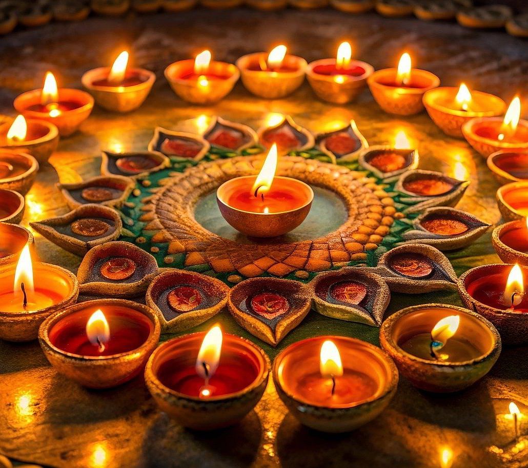 A small oil lamp is placed around the rangoli