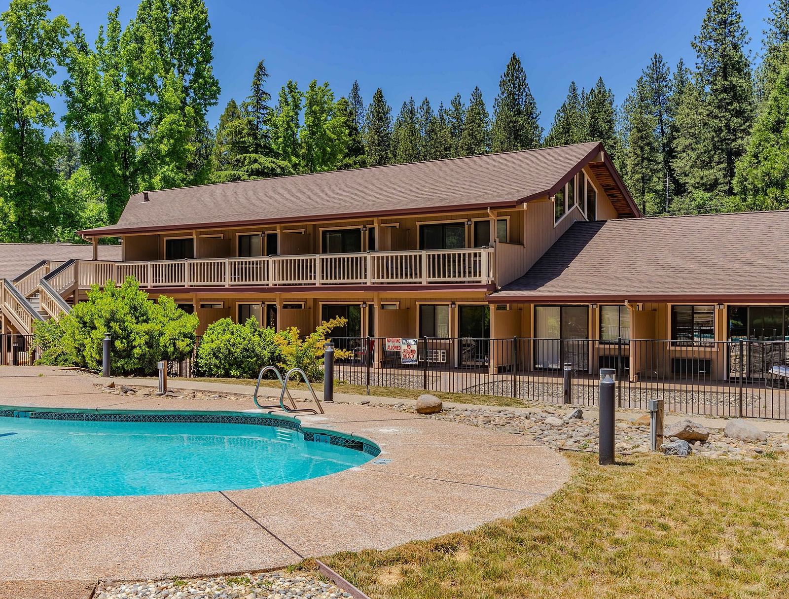 A view of an outdoor swimming pool with a cabin in the backdrop