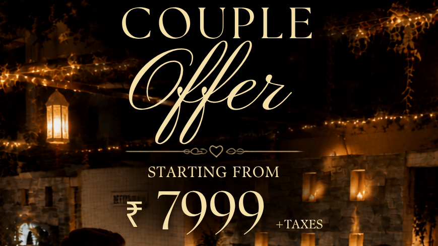 A creative with a couple facing each other in a candle light dinner setup with validity and pricing. | Pride Plaza Ahmedabad