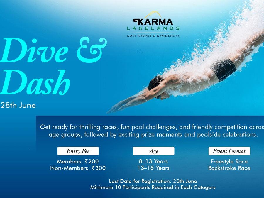 A promotional poster featuring a swimmer gliding underwater in a swimming pool, advertising Dive & Dash, a 25m freestyle swimming challenge at Karma Lakelands with poolside dining, beverages, and exciting prizes.