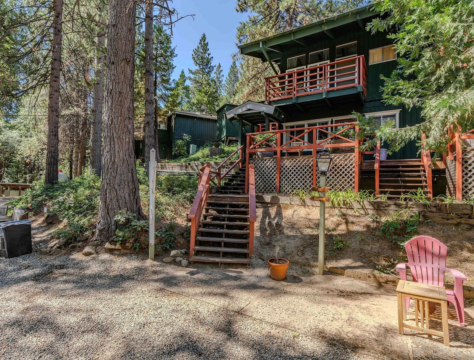A view of a cabin in the woods