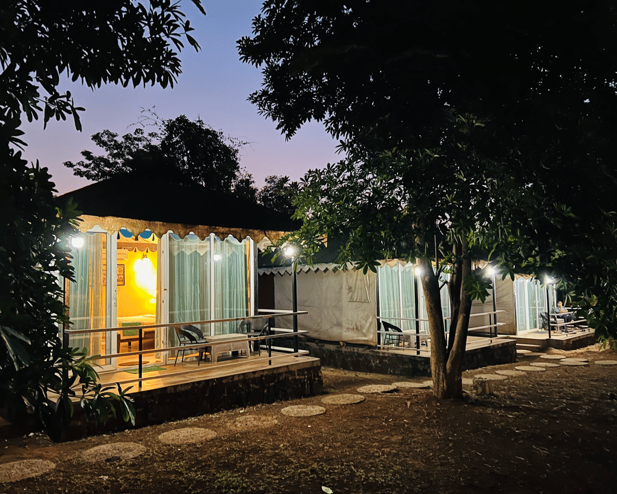 Exterior of 2 tent-style cottages at Nature Trails Kundalika surrounded by trees against a dark evening sky.