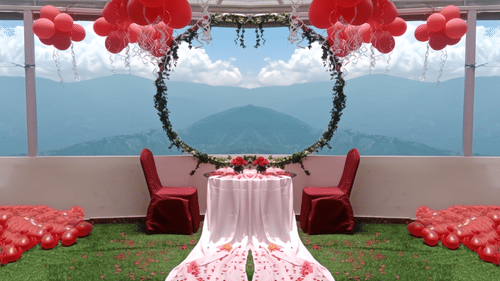 Elegant mountain-view setup at Mount View Haven with floral decorations and scenic backdrop