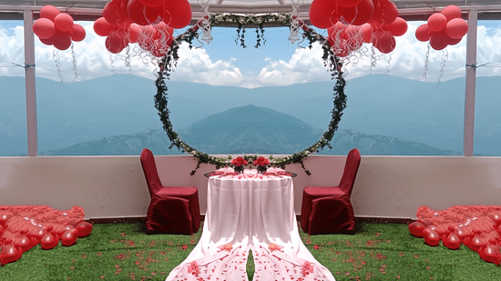 Elegant mountain-view setup at Mount View Haven with floral decorations and scenic backdrop