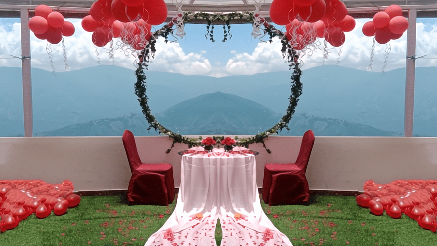 Elegant mountain-view setup at Mount View Haven with floral decorations and scenic backdrop