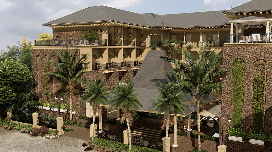 Facade view of The Evren, Vagator, with palm trees in the foreground.