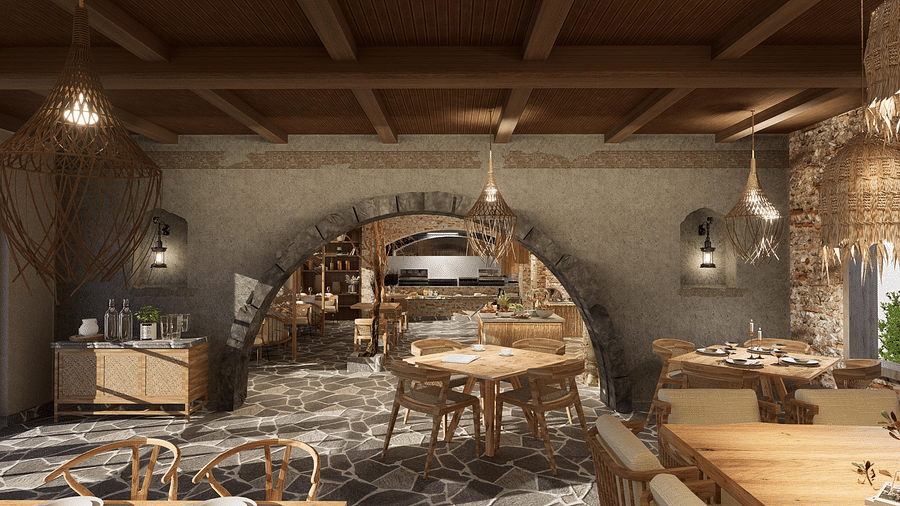 Cosy restaurant with wood-themed decor, branches, and table and chair settings for guests at The Evren, Vagator.