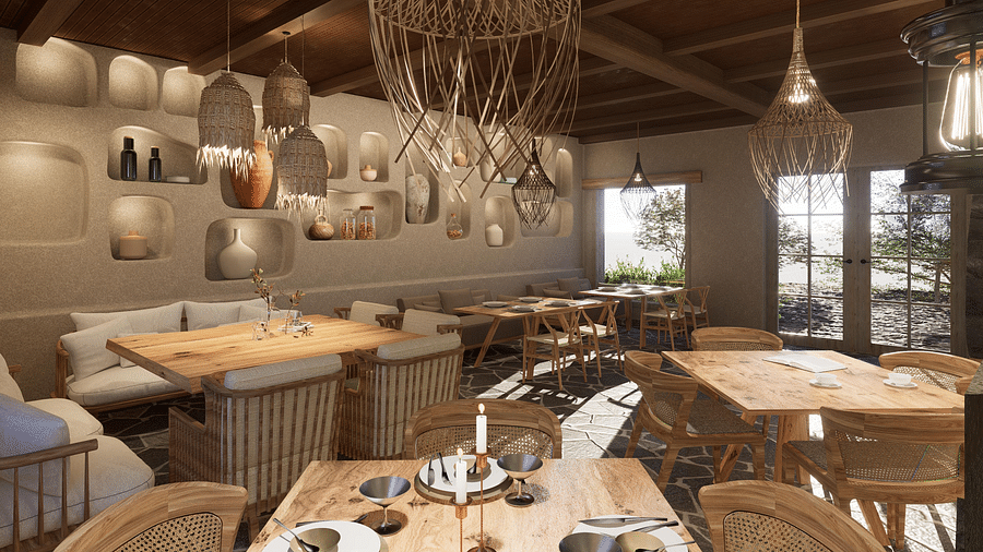 Dining area with tables and chairs set, and a chandelier hanging from the ceiling at The Evren, Vagator.