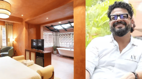 Split image showing a luxurious terracotta-toned hotel room with a freestanding bathtub and bed alongside a smiling man wearing glasses and a white shirt.