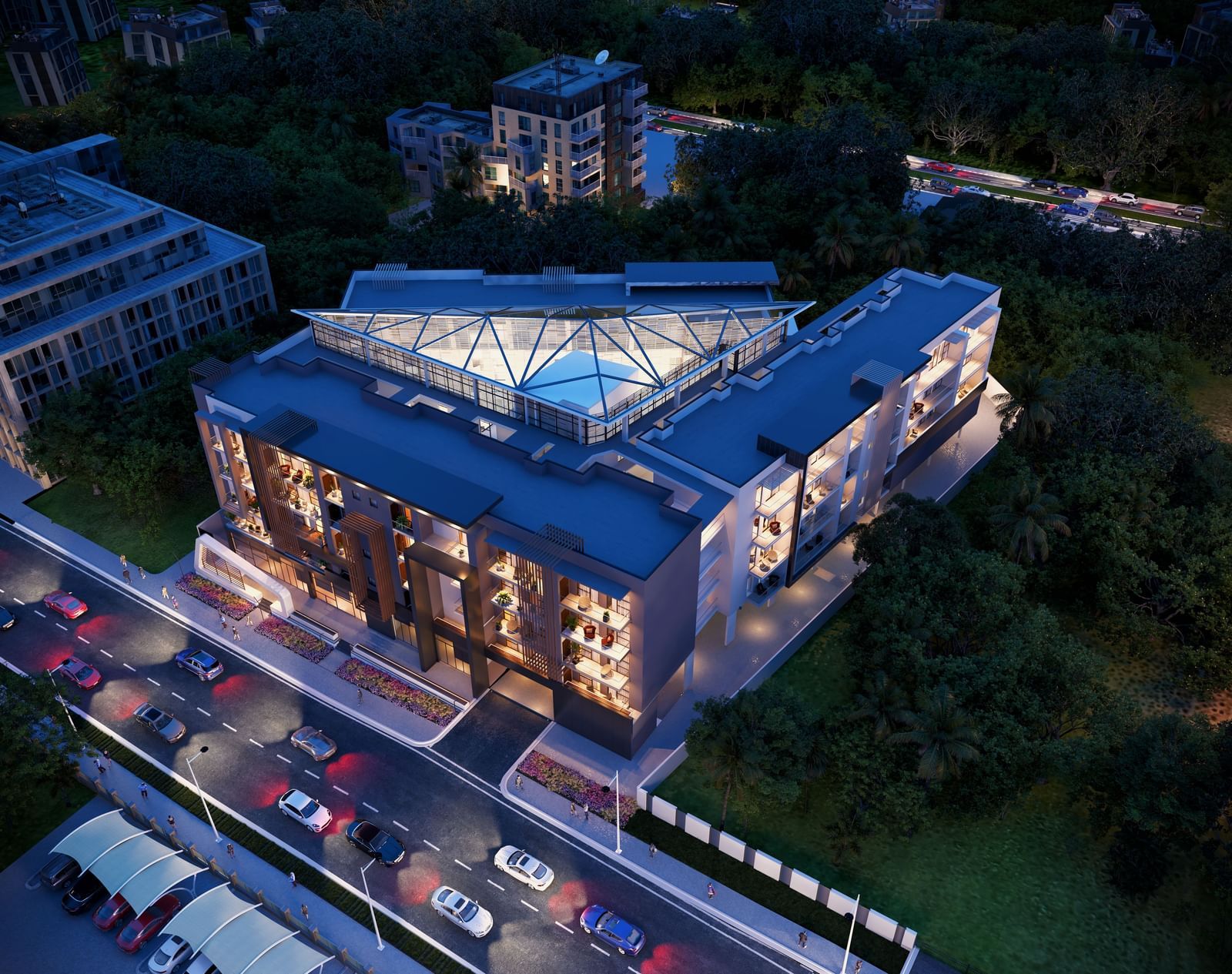 Aerial image of The Pelican Hotel, Accra during evening