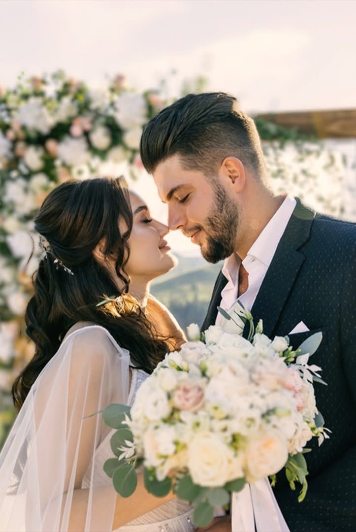 Couple holding a bouquet in outdoor wedding ceremony at Polo Resort Cherrapunjee.