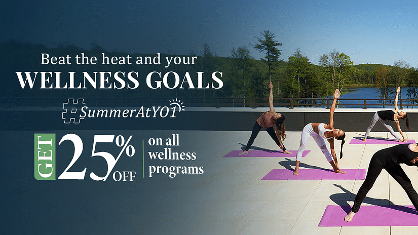 Summer banner showing Group of people practicing yoga on a rooftop with scenic views at YO1 Health Resort, Catskills, New York.
