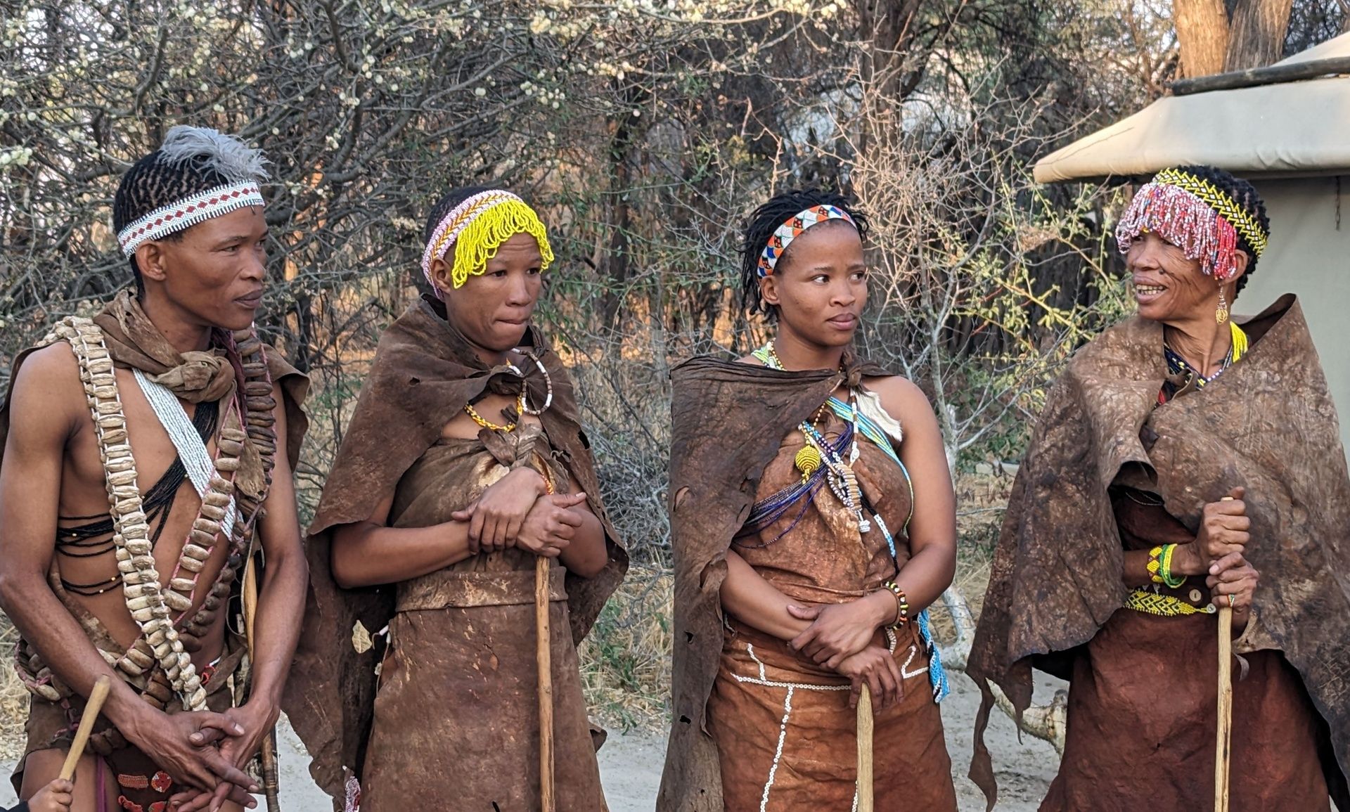 The San people in traditional attire in Central Kalahari.