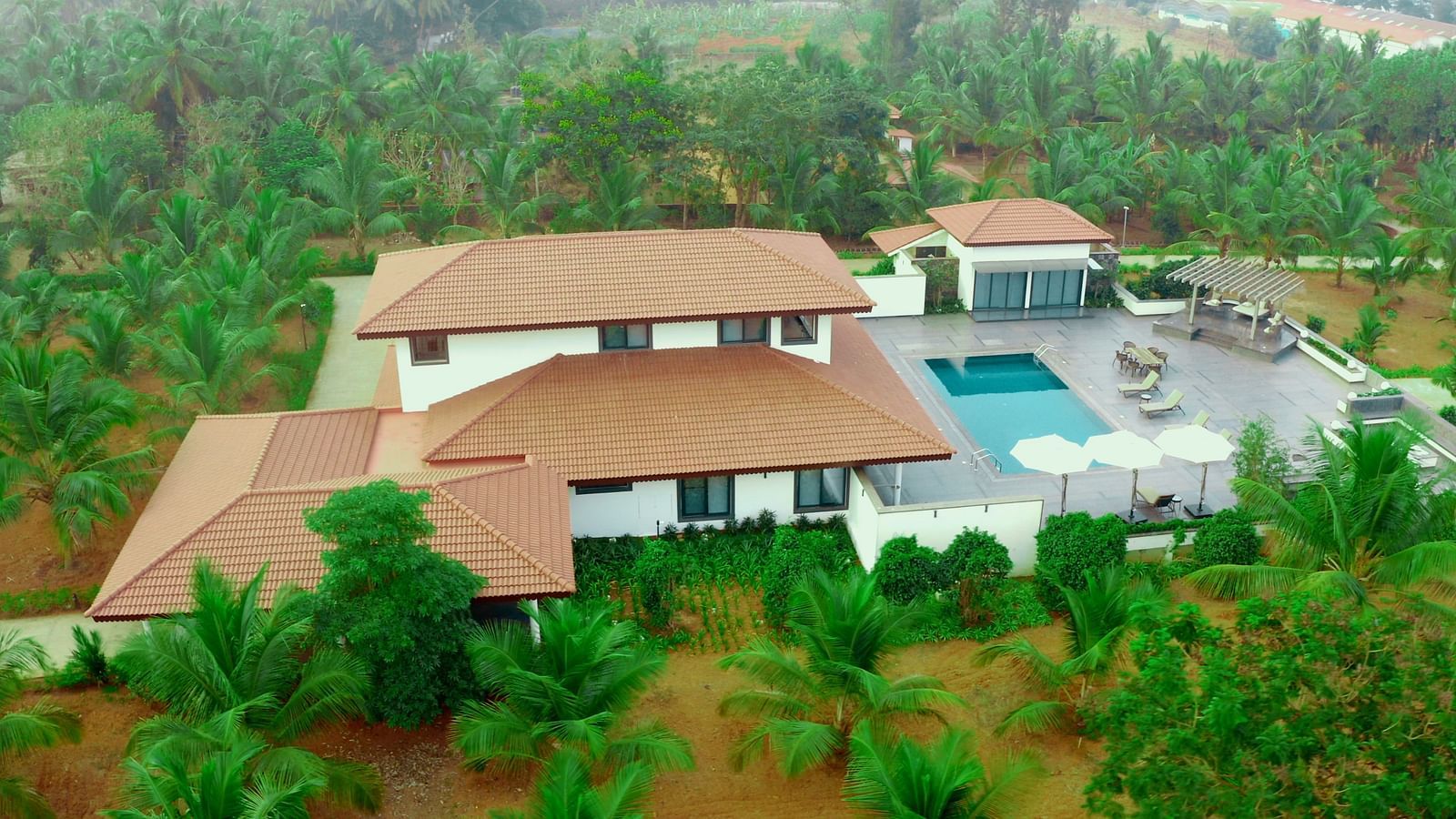An aerial view of Gamyam Retreat with rooms and swimming pool in view