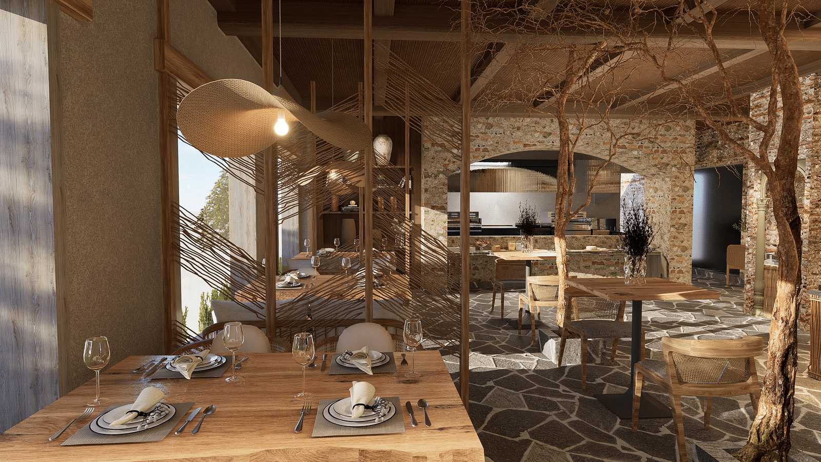 Wood-themed restaurant with branches and tables and chairs set for guests at The Evren, Vagator.