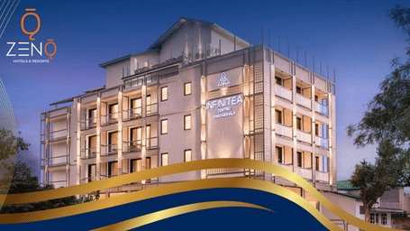A new year creative featuring INFINITEA CENTRIC DHARAMSHALA exterior at dusk with blue and gold design, stay dates, inclusions and contact details.
