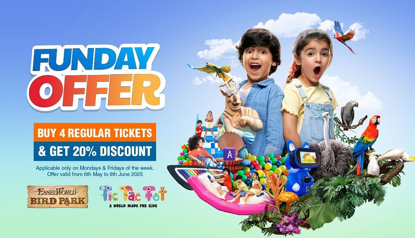 Funday Offer! Get 20% off when you buy 4 regular tickets for EsselWorld Bird Park & Tic Tac Toe (valid Mondays & Fridays, May 6 - June 6, 2025). Join two thrilled kids amidst cartoon fun!