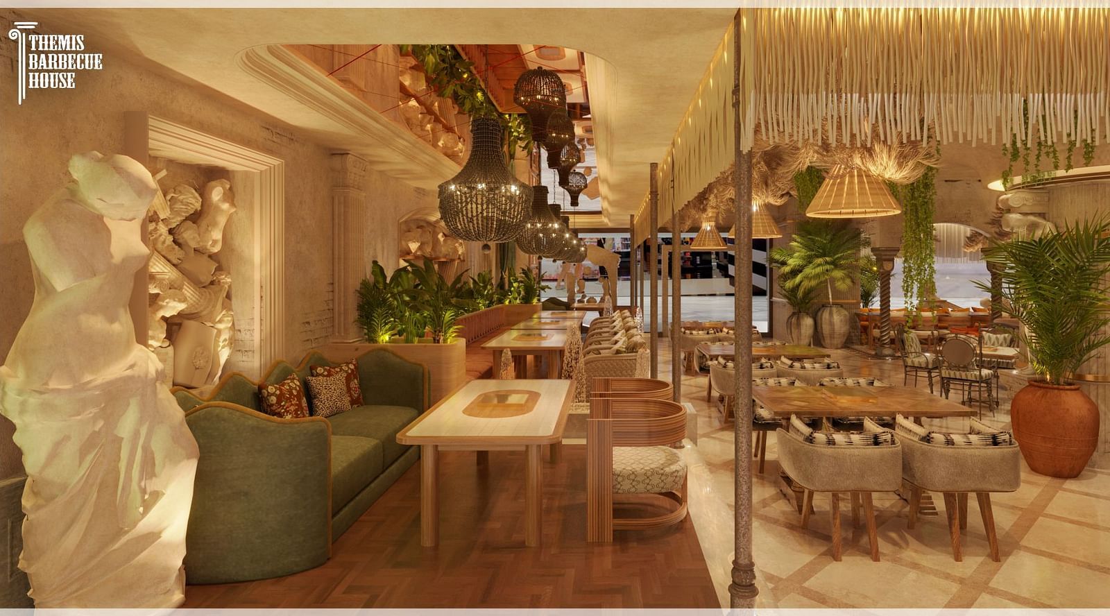 A chic dining area with contemporary furnishings accented by classical sculptures and plants at Themis Barbecue House, Ambience Mall, Gurugram