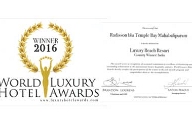 Certificate from the World Luxury Hotel Awards 2016 recognising excellence in hospitality.