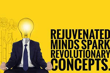 Yellow poster with a glowing lightbulb and text: 'Rejuvenated Minds Spark Revolutionary Concepts.