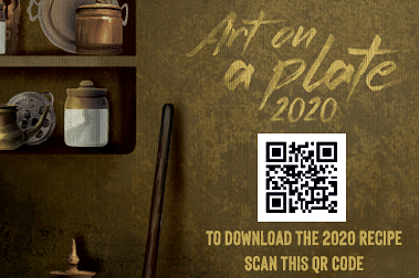 Poster promoting 'Art on a Plate 2020' with a QR code for downloading recipes.