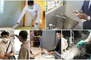 Collage showing staff at GRT Hotels sanitising surfaces, checking  body temperature  and washing hands to protect guests during COVID