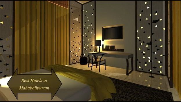 A bedroom with a large bed, a lamp, a wall mounted TV, a writing table, a chair and decorative elements in the back, with 'Best hotels in Mahabalipuram' written on the image.