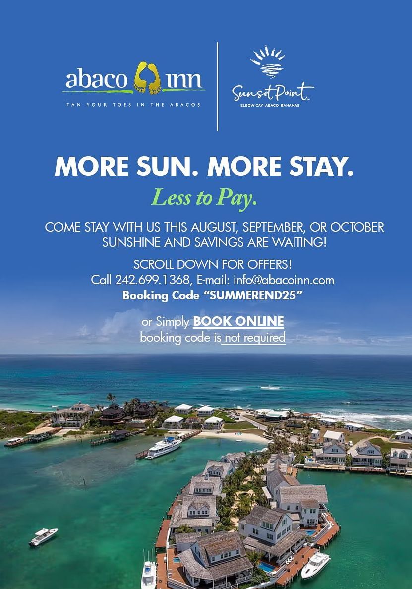 Summer 2025 travel offers from Abaco Inn and Sunset Point Villas in the Bahamas, including free nights and food discounts.