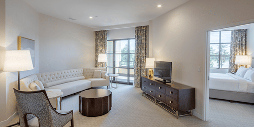 Lakeview King Suite with a seating area with a TV on the wooden counter and a bed in the next room at YO1 Longevity & Health Resorts