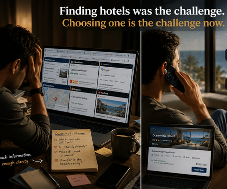 Person comparing hotel booking options online, highlighting the challenge of finding the right hotel and showcasing a simplified hotel selection experience through a booking platform.