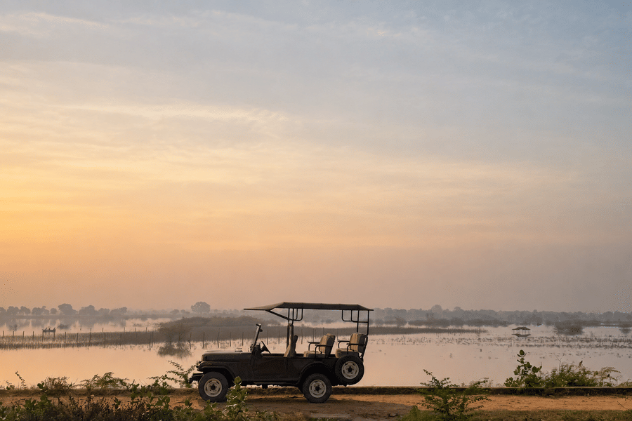 Open-top safari jeep parked on a trail overlooking a serene lake during sunrise under a golden sky.