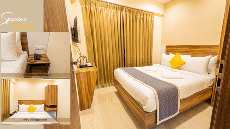 A multi-view collage of a clean hotel room featuring a queen bed and bedside details - Urban Comforts