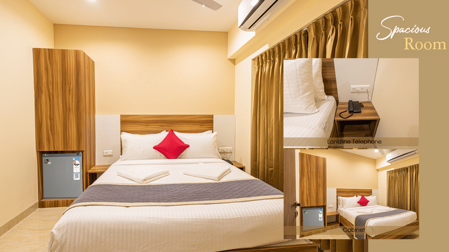 A collage showcasing a spacious hotel room with various interior angles - Urban Comforts