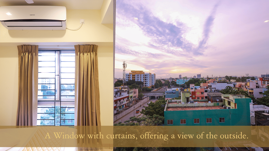 A window with curtains opening to a sunset view of a vibrant cityscape - Urban Comforts