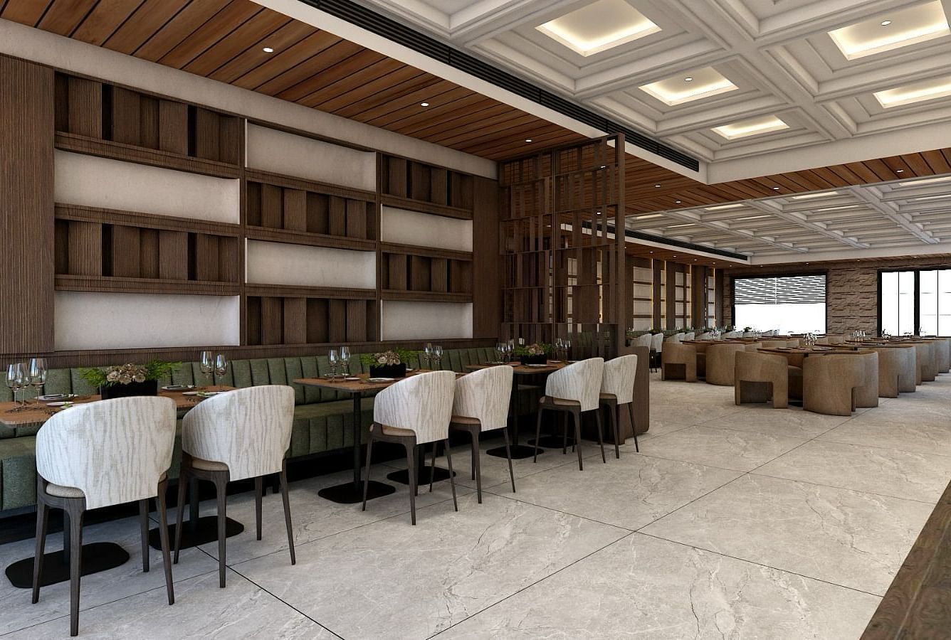 A restaurant with chic and modern interiors with several chairs surrounding the dining tables - Namaste Corbett