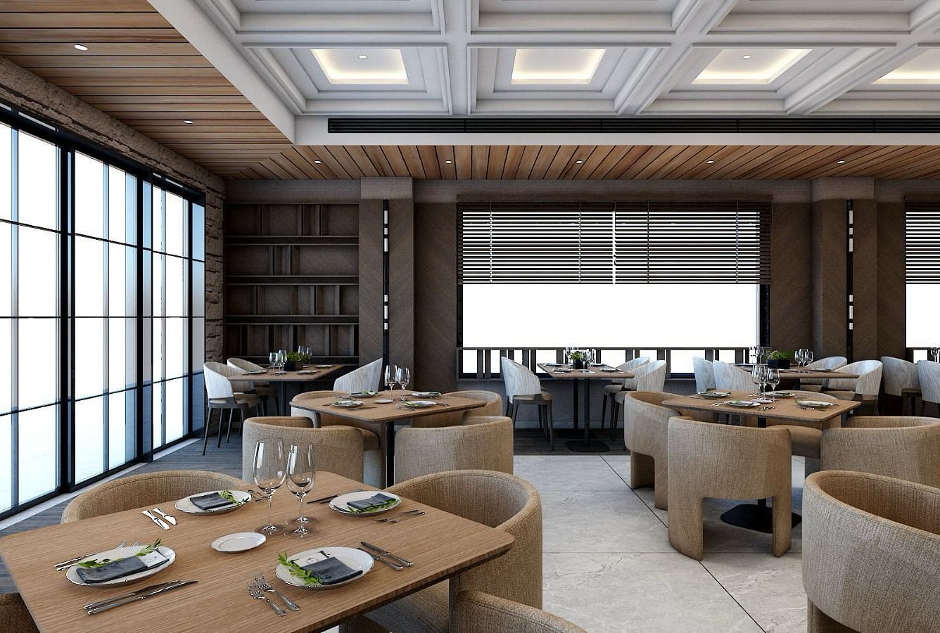 Dining tables placed besides the huge windows emitting plenty of natural light from outside - Namaste Corbett 