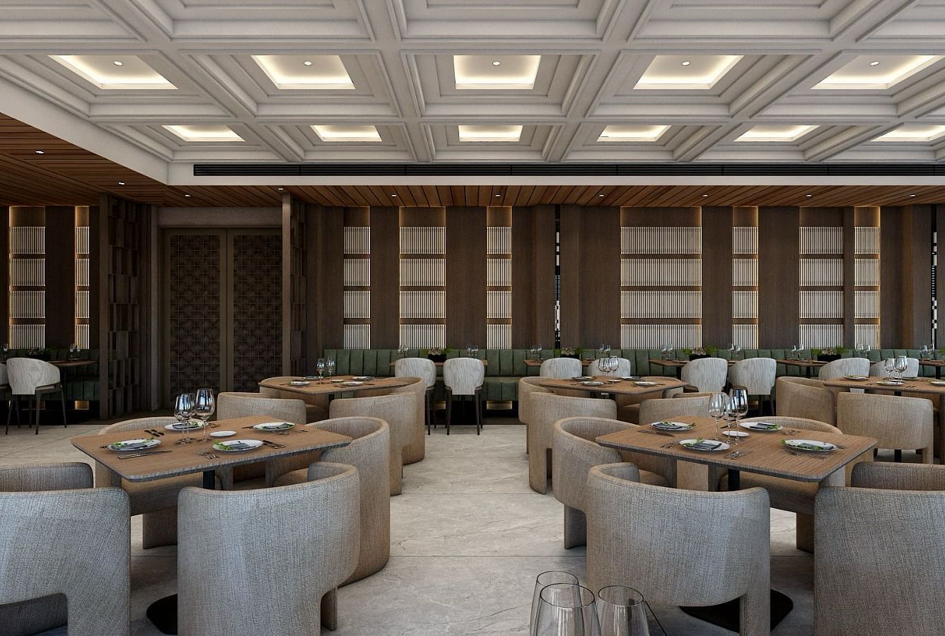 Full view image of the restaurant with featuring an expansive area with grey coloured chairs set around the table - Namaste Corbett