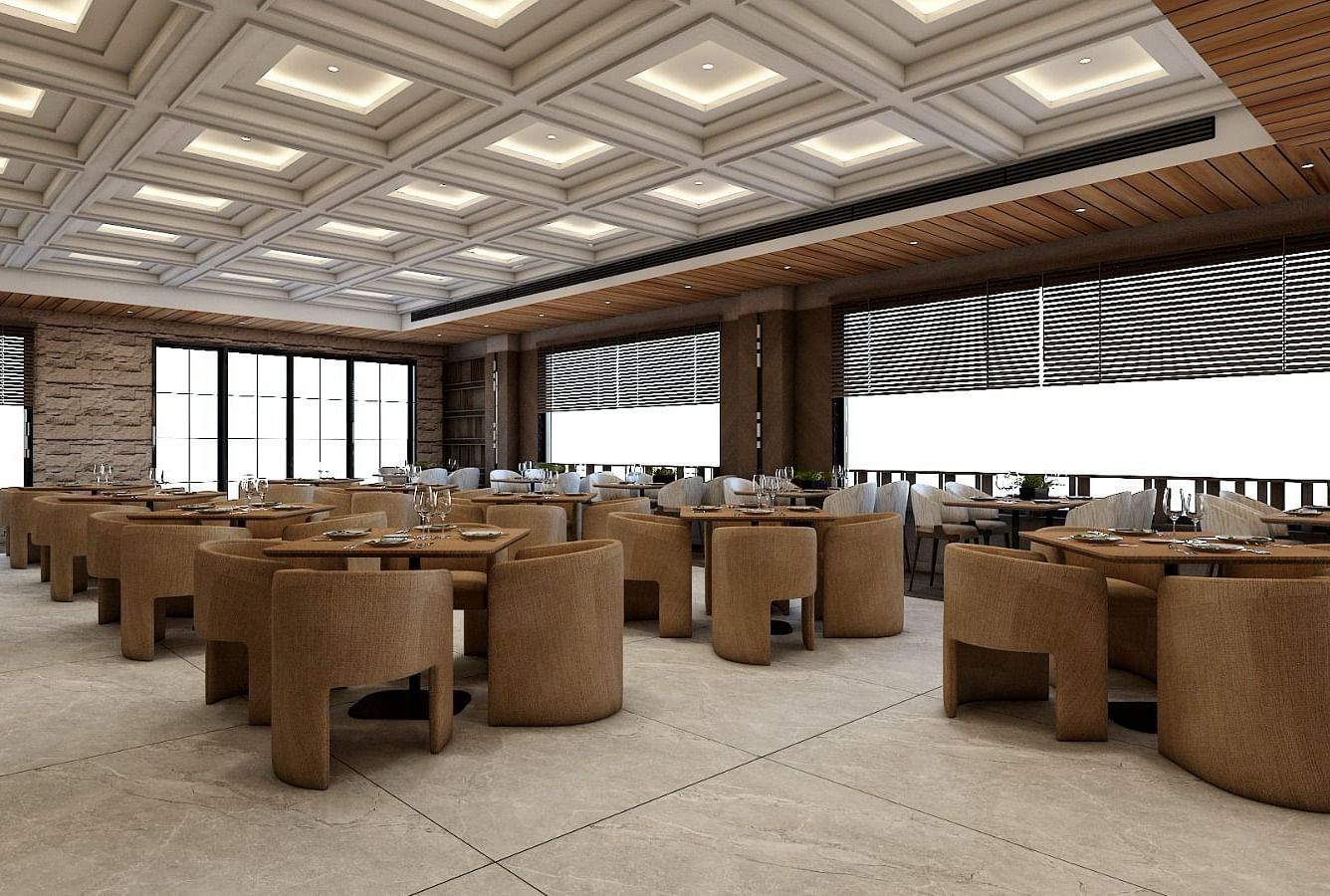 A brightly lit interior of a  restaurant with ample of natural light coming from the huge windows - Namaste Corbett